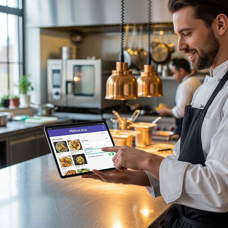 Chef using a tablet to update a digital menu in a professional kitchen.