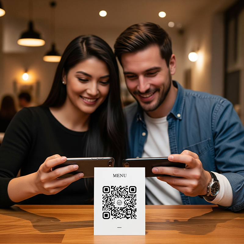 A QR code menu on a wooden table in the foreground, with two smiling patrons in the background using smartphones.
