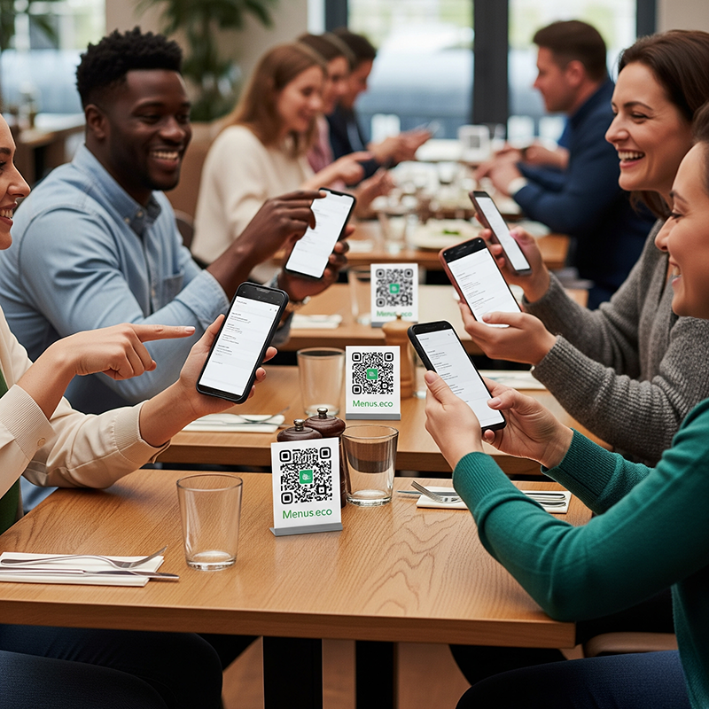 Customers in a restaurant scanning a QR code to access the digital menu on their phones.