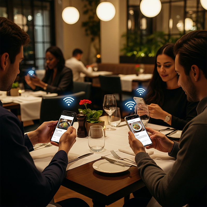 Diners in a modern restaurant accessing a digital menu through Wi-Fi on their smartphones.