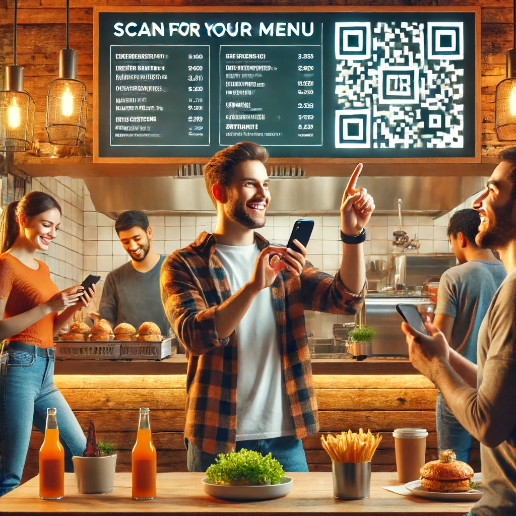 Customers in a restaurant scanning a QR code to access the digital menu on their phones.