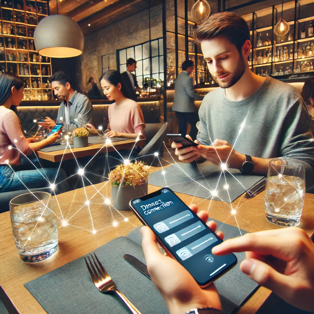 Diners in a modern restaurant accessing a digital menu through Wi-Fi on their smartphones.